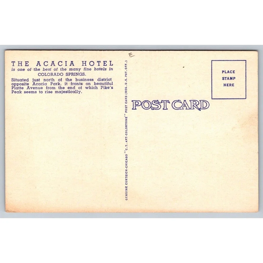 Acacia Hotel Colorado Springs CO Pikes Peak View Linen Postcard 1943 *READ TRIM*